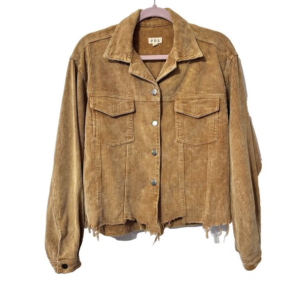 POL Small Boho Corduroy Jacket Brown Raw Hem Distressed Hippie Western Button - Picture 2 of 7